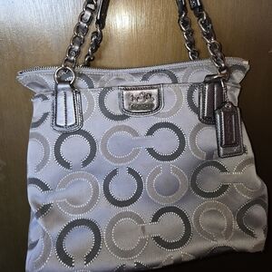 Coach Madison Op Art Metallic Silver & Gray Signature Chain-Handle Tote